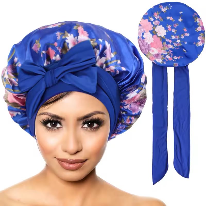 Floral Satin Sleep Bonnet with Bow