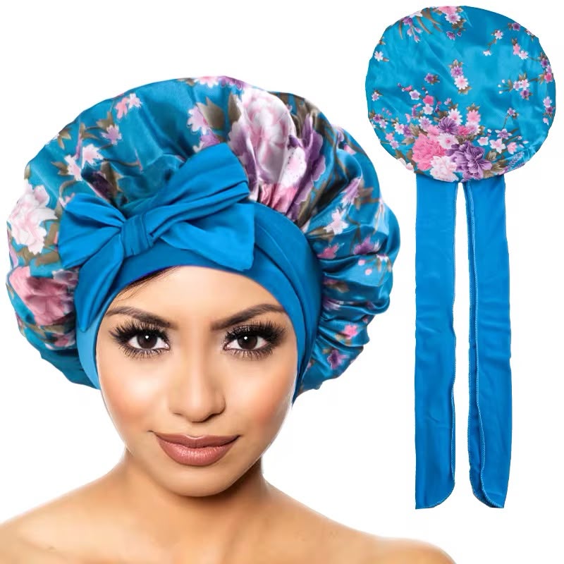 Floral Satin Sleep Bonnet with Bow
