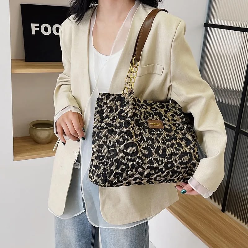 Leopard Print Chain Tote Bag