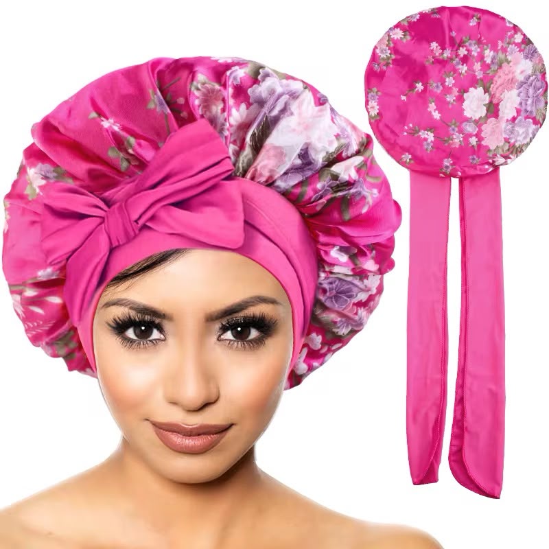 Floral Satin Sleep Bonnet with Bow