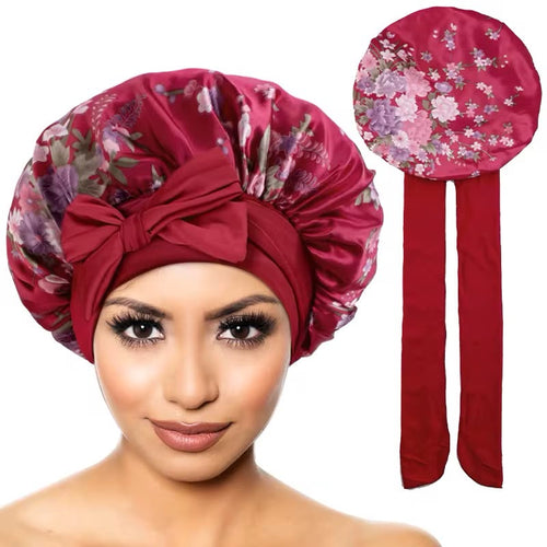 Floral Satin Sleep Bonnet with Bow