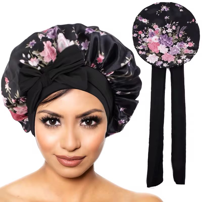 Floral Satin Sleep Bonnet with Bow